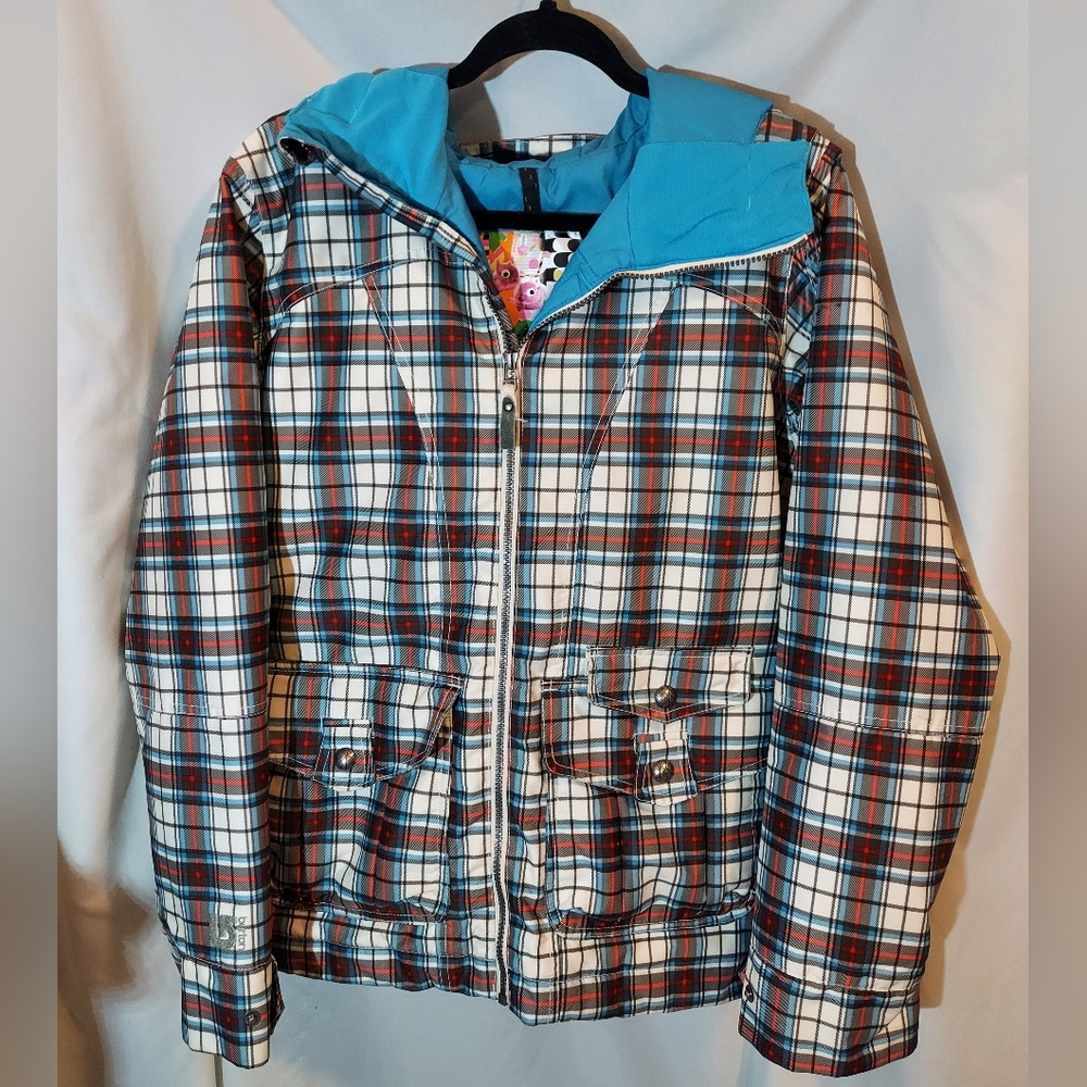 Burton Plaid Ski Jacket in White, Blue & Red Trim